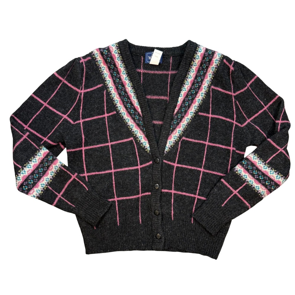 Woolrich Vintage Grandmacore Cottagecore Wool Cardigan Pink Plaid Fair Isle Gray
